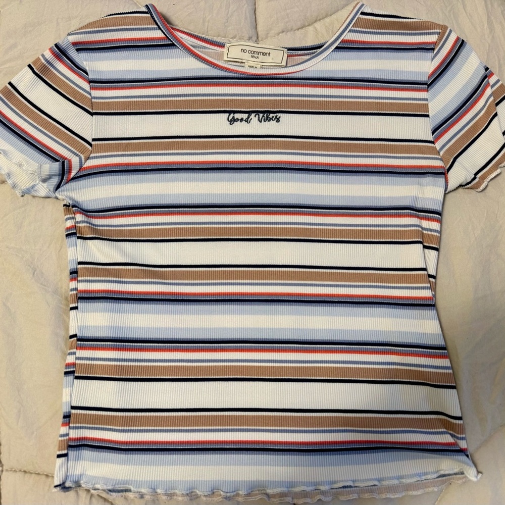 Striped Ribbed T-Shirt with Good Vibes Embroidered Size Small
